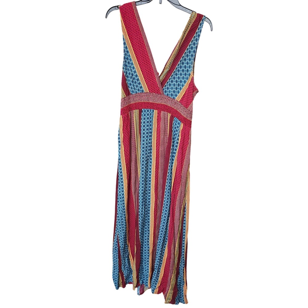 Avon Boho Mixed Geometric Print Maxi Dress Red Blue Sleeveless Smocked Waist XL